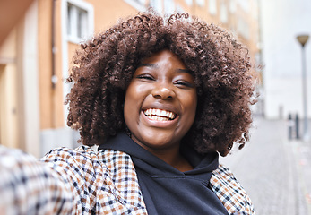 Image showing Black woman, portrait or afro selfie in city, urban holiday or vacation on fashion vlog, social media or live streaming blog. Smile, happy or travel influencer face in photography or profile picture