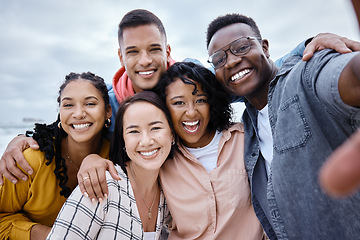 Image showing Selfie, diversity and portrait of friends on a holiday while having fun together on weekend trip. Freedom, smile and happy group of diverse people taking a picture while on adventure on a vacation.