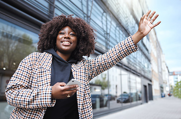 Image showing Taxi, hands and sign by black woman in city for travel, commute or waiting for transport on building background. Hand, bus and stop by girl in Florida for transportation service, app or drive request