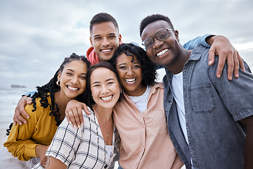 Image showing Friends, diversity and portrait at beach, ocean and outdoor nature for fun, happiness and travel. Group of happy young people at sea for holiday, vacation and smile for relaxing weekend trip together