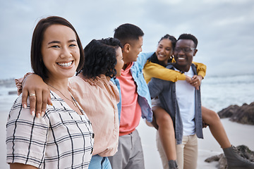 Image showing Asian woman, portrait and smile of friends at beach, ocean and outdoor nature for fun, happiness and travel. Diversity of happy young people at sea for holiday, vacation and relaxing weekend together