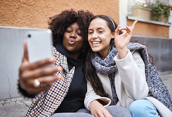 Image showing Woman, friends and selfie in the city for profile picture, friendship memory or social media influencer. Happy women smile for photo, online post or vlog in travel, journey or trip in a urban town