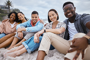 Image showing Friends, group and portrait at beach, sand and outdoor nature for fun, happiness and travel. Diversity of happy young people at sea, ocean holiday and vacation with smile of relaxing weekend together