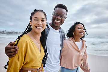 Image showing Beach, diversity and friends on a walk while on a vacation or weekend trip for summer in Hawaii. Travel, multiracial and happy people walking in nature by the ocean while on seaside holiday together.