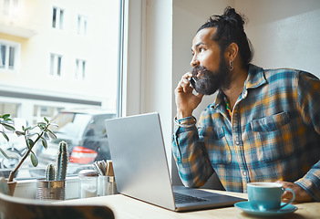 Image showing Remote work, phone call or cafe man on laptop planning strategy, networking or B2B sale. Small business, manager or startup on smartphone for communication, thinking or research in restaurant table