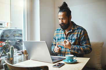 Image showing Remote work, video call or cafe man on laptop planning for web store networking, growth or B2B sale. Small business or startup on tech for communication, social network or research in restaurant