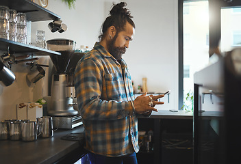 Image showing Tablet search, barista and cafe boss working on digital retail shop design for business. Coffee shop waiter, ecommerce and man planning a restaurant web page for online shopping and networking