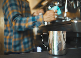 Image showing Cleaning, mug or coffee shop owner man in kitchen of cafe for machine management, disinfection or maintenance. Waiter, worker or barista store for service, hygiene workflow or process in restaurant