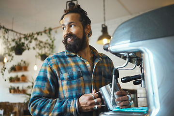 Image showing Cafe, startup and waiter with a man barista behind the counter to prepare a drink. Coffee shop, kitchen and service with a male working in a restaurant as an entrepreneur or small business owner