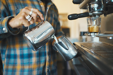 Image showing Barista in coffee shop, hands of man and production of latte, working and design with milk foam and espresso. Small business, process and pouring, service and creative with focus and artistic in cafe