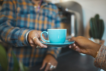 Image showing Customer service, cafe and hands of people with coffee for drinking, breakfast or lunch in restaurant. Small business, cafeteria and barista serving caffeine, espresso and latte in cup to client