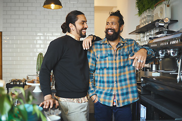 Image showing Coffee shop, partnership and small business with men and barista, hospitality and catering with cafe owner team. Collaboration, success and happy people with server, entrepreneur and service industry