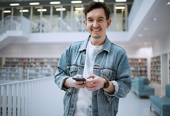 Image showing University, portrait smile or man with phone in library for research, communication or blog news. Book, education or happy student on smartphone for scholarship networking, website or online content