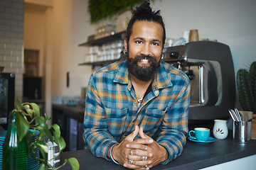 Image showing Indian man, portrait and coffee shop owner at small business ready for work with a smile. Happy, cafe and restaurant barista feeling proud of waiter service and boss management at professional job