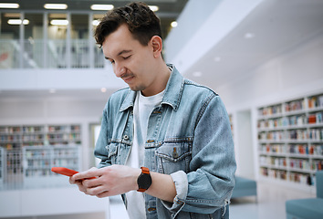 Image showing Social media, university or man with phone in library for research, communication or blog news. Bookshelf, education or student on smartphone for scholarship networking, website or online content