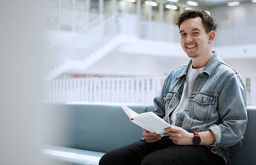 Image showing Reading, books and happy man in library for university, college or research in portrait of philosophy scholarship. Student with English language, education or knowledge on history studying in college