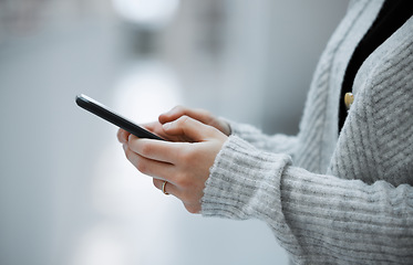 Image showing Social media, hands or woman with phone for research, communication or blog news with blurred background. Zoom, digital or girl on smartphone for networking, website search or online content reading