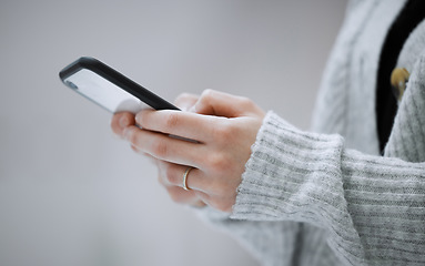 Image showing Search, hands or woman with phone for research, communication or blog news on blurred background. Digital zoom or girl on smartphone for networking, website social media app or online content reading