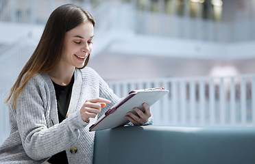 Image showing University, happy or woman in library on tablet for research, education or learning. Mockup, student or girl on tech for scholarship communication, search or planning school project at collage campus