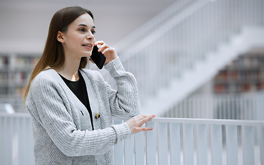 Image showing Woman, phone call and communication with technology and connect, virtual conversation with talking. Student at library, speaking on smartphone with contact for research and young person has chat