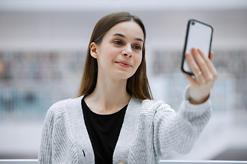 Image showing Selfie, campus and happy woman for education update, social media or influencer blog post for gen z lifestyle. Happy, young person face or student profile picture in university or college research