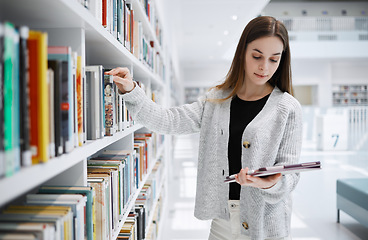 Image showing University, student or woman in library with tablet for research, education or learning. Bookshelf, books or girl on tech for scholarship research, search or planning school project at collage campus