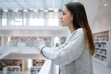 Image showing University, thinking and profile of woman in library for learning, reading and academic knowledge in building. Education, books and female student with ideas, vision and mindset for study goals