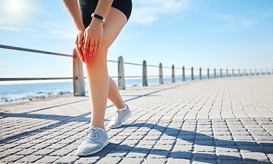 Image showing Sports athlete, knee pain or red glow by beach fitness, ocean workout or sea training in healthcare wellness crisis. Legs injury, hurt or body stress for woman in abstract burnout on medical anatomy