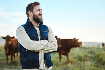 Image showing Smile, cow and agriculture with man on farm for sustainability, production or thinking industry growth. Agro, arms crossed or management of farmer on countryside field for dairy, animals for nature