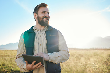 Image showing Research or agriculture man on tablet on farm for sustainability, production or industry growth analysis. Agro, happy or farmer on countryside field for weather, checklist or data search in Texas