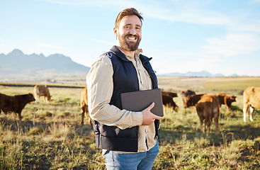 Image showing Smile, cow and agriculture with man portrait on farm for sustainability, production or thinking industry growth. Agro, tablet or happy farmer on countryside field on tech for dairy, animals or nature