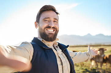 Image showing Selfie, agriculture or man video call with cow for social media, eco friendly blog or agro small business advertising. Marketing, face or happy farmer portrait for sustainability or 5g networking