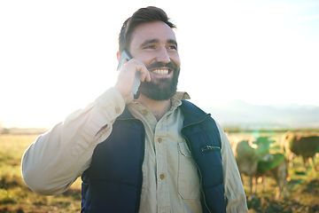 Image showing Agriculture, farm or man with phone call for cow planning B2B sale deal, strategy or success networking. Happy, communication or farmer on smartphone for sustainability, marketing or cattle promotion