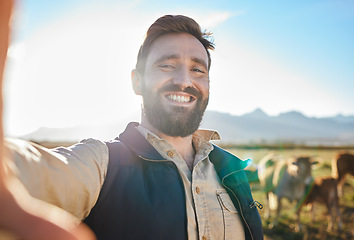 Image showing Agriculture, cow or man for selfie on farm for social media, eco friendly blog or agro small business advertising. Marketing smile, happy farmer portrait or video call for sustainability of animals