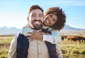 Image showing Happy, cow and portrait of couple on farm for agriculture, nature and growth. Teamwork, animals and hug with man and woman in grass field of countryside for sustainability, cattle and environment