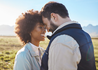 Image showing Happy, smile and love with couple on farm for agriculture, peace and growth. Teamwork, bonding and hug with man and woman in grass field of countryside for sustainability, health and environment