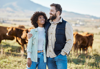 Image showing Happy, cow and love with couple on farm for agriculture, nature and growth. Teamwork, animals and hug with man and woman in grass field of countryside for sustainability, cattle and environment