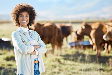 Image showing Smile, cow and agriculture woman on farm for sustainability, production or thinking industry growth. Agro, arms crossed or management of farmer on countryside field for dairy, animals for nature