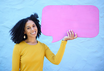 Image showing Speech bubble, black woman and portrait in studio for advertising, mockup and space on blue background. Face, girl and billboard, branding and paper for product placement, marketing and copy space