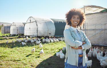 Image showing Agriculture, portrait and black woman leadership, proud and farming in sustainable chicken, free range and food industry. Sustainability, small business owner or farmer person with animal on field