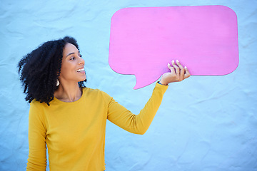 Image showing Communication, black woman and speech bubble for advertising, information or mockup on blue studio background. African American female, lady or poster for logo, happy or brand development on backdrop