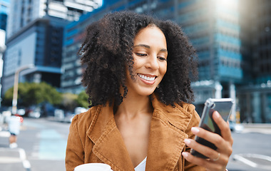 Image showing Black woman, city and texting with phone, smile or sunshine on outdoor adventure in summer. Girl, urban sidewalk or street in metro for social media, app and chat with happiness, holiday or travel