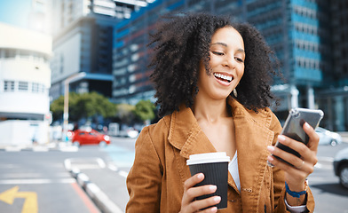 Image showing Black woman, city and laughing with phone, coffee and social network with smile. Happy female walking in urban street with mobile technology, smartphone or reading funny notification on 5g connection