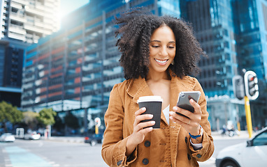 Image showing Black woman, urban city and coffee with phone on social network, internet search and smile. Happy female walking in street with mobile technology, smartphone and reading notification on 5g connection