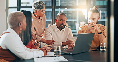 Image showing Laptop, digital agency or business people in a meeting with leadership, team work or creative ideas. Problem solving, innovation or senior manager helping or speaking of a strategy plan to employees