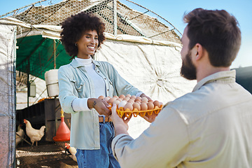 Image showing Egg production, chicken farmer and people in barn to check stock, logistics and supply chain of food industry. Happy black woman, poultry farming and eggs for growth, export or eco startup management