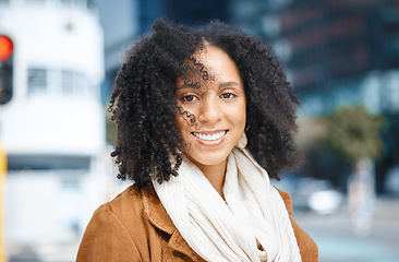 Image showing Freedom, travel and portrait of black woman in a city, happy and smile on vacation against urban background. Face, smile and tourist on holiday on New York, cheerful and relax downtown for exploring