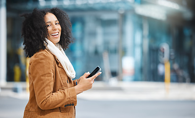 Image showing City, phone and portrait of black woman walking, communication or social media networking on way to work. Travel, 5g technology and winter fashion person on smartphone chat in urban street or road