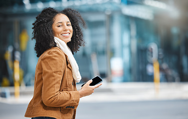 Image showing City, portrait and and travel black woman on phone, communication or social media networking on mobile. Walking, 5g technology and winter fashion person on smartphone chat in urban street or road