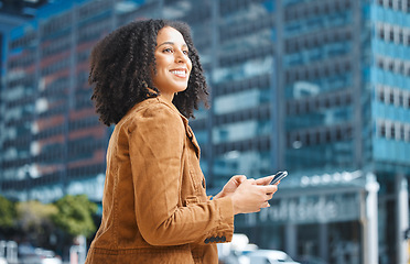 Image showing Black woman, phone or thinking in city, town or urban street in morning commute, travel or lunch break. Smile, happy or creative worker on mobile communication technology for gps location map or idea